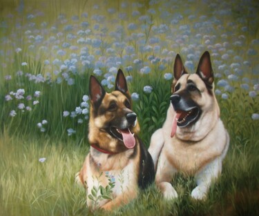 Painting titled "Portrait pet dog 031" by James Shang, Original Artwork, Oil Mounted on Wood Stretcher frame