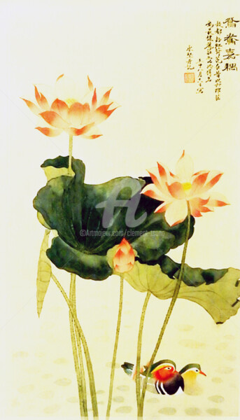 「Yuangyang and Lotus」というタイトルの絵画 Clement Tsangによって, オリジナルのアートワーク, 水彩画