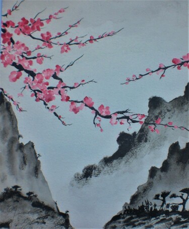 Chine fleurie Aquarelle originale unique Peinture intitulée "Chine fleurie Aqua…" par Eliane Morvan (CREADELI "les petits bonheurs d'Eli"), Œuvre d'art originale,…