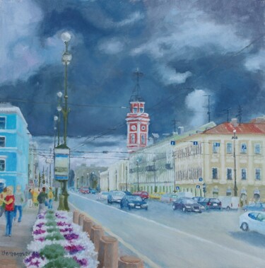 Nevskiy, Before the Storm, St.Petersburg, Russia Peinture intitulée "Nevskiy, Before the…" par Juri Semjonov, Œuvre d'art originale, Huile Monté sur Carton