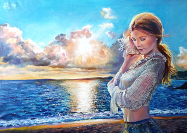 Sounds of the sea Beautiful Woman Oil Painting Seascape Peinture intitulée "Sounds of the sea…" par Tatyana Ustyantseva, Œuvre d'art originale, Huile