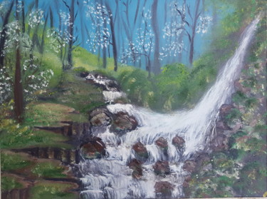 Waterfall in the forest Painting titled "Waterfall in the fo…" by Ivelina Hrytsylo, Original Artwork, Oil