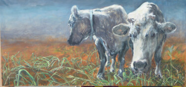Schilderij getiteld "Two cows in a field" door Hilde Plessers, Origineel Kunstwerk, Olie Gemonteerd op Frame voor houten bra…