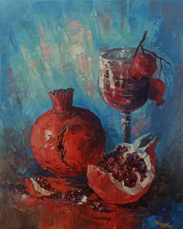 Still life with wine and pomegranate (40x50cm, oil painting) Peinture intitulée "Still life with win…" par Hayk Miqayelyan, Œuvre d'art originale, Huile Monté sur Châssis en bois