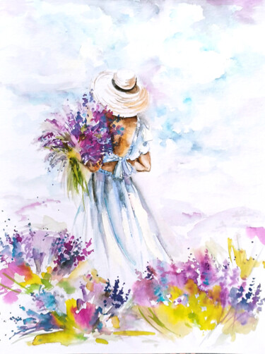 Watercolor portrait, Boho watercolor, Bouquet painting 제목이 "Watercolor portrait…"인 미술작품 Annet Loginova로, 원작, 수채화