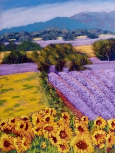 Peinture intitulée "Tournesols et lavan…" par Genevieve Fraysse, Œuvre d'art originale, Pastel