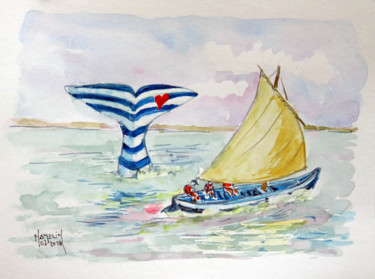 Painting titled "Une pinassotte deva…" by Michel Hamelin, Original Artwork, Watercolor
