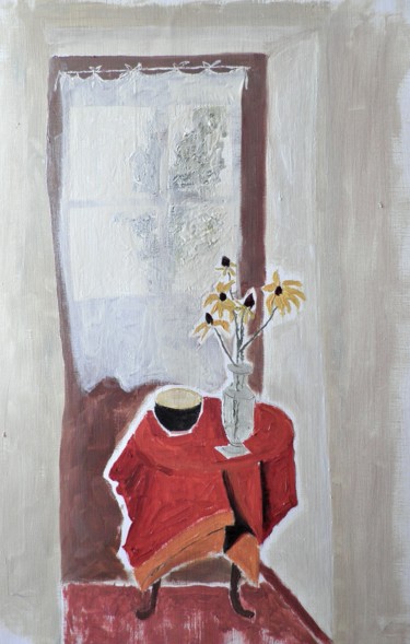 Peinture intitulée "la table rouge" par Giulia Archer, Œuvre d'art originale, Huile Monté sur Autre panneau rigide