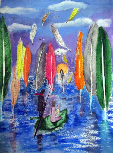 Картина под названием "au milieu des plumes" - Ludovic Catry, Подлинное произведение искусства, Акварель