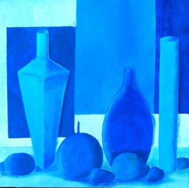 Les bouteilles bleues Painting titled "Les bouteilles bleu…" by Sabrina Riggio, Original Artwork, Acrylic