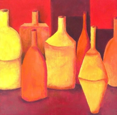 Painting titled "Les bouteilles roug…" by Sabrina Riggio, Original Artwork, Acrylic