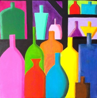 Bouteilles multicolores Peinture intitulée "Bouteilles multicol…" par Sabrina Riggio, Œuvre d'art originale, Acrylique