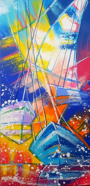 Malerei mit dem Titel "LES VOILES BLEUES" von Myriam Guenaizia, Original-Kunstwerk, Öl Auf Keilrahmen aus Holz montiert