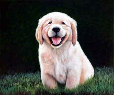 Painting titled "Portrait pet dog 035" by James Shang, Original Artwork, Oil Mounted on Wood Stretcher frame