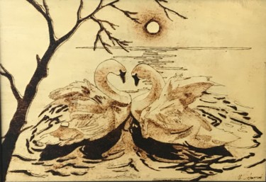 绘画 标题为“Swans on the full m…” 由Hatice Özbayrak, 原创艺术品, 木