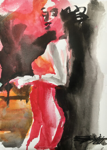N°787 Aquarelle 29.7x21 cm. Jeune femme en robe rouge 「N°787 Aquarelle 29.…」というタイトルの絵画 Alexandre Dumitrescuによって, オリジナルのアートワーク, 水彩画