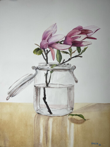 Painting titled "Magnolias." by Erkin Yılmaz, Original Artwork, Watercolor