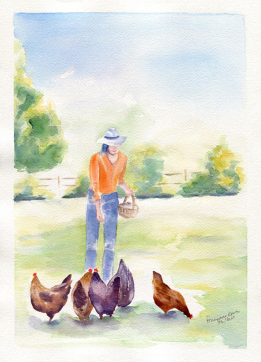 绘画 标题为“Le repas des poules” 由Françoise Renou, 原创艺术品, 水彩