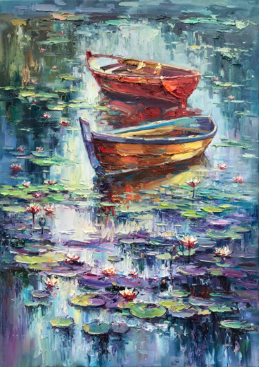 "Morning Water-Lilies"original oil painting by Artem Grunyka Pittura intitolato ""Morning Water-Lili…" da Artem Grunyka, Opera d'arte originale, Olio Montato su Telaio per barella in le…