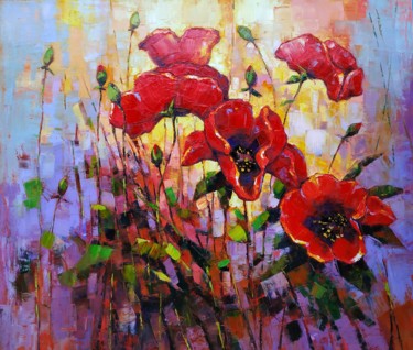 Pintura intitulada "Red poppies (60x70c…" por Narek, Obras de arte originais, Óleo Montado em Armação em madeira