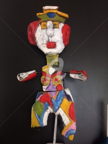 「clown en bois peint」というタイトルの彫刻 Jean Marc Joblotによって, オリジナルのアートワーク, ウッド