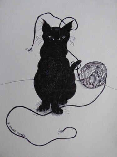 图画 标题为“Le chat et la pelot…” 由Elisabeth Renard (B.Dumont Renard), 原创艺术品, 墨