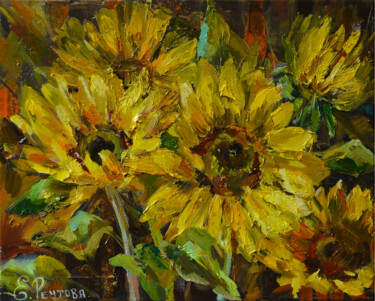 Bright sunny sunflowers on a dark background. A symbol of a Картина под названием "Bright sunny sunflo…" - Elena Reutova, Подлинное произведение искусства, Масло Установлен на Деревянн…