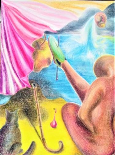 图画 标题为“'canne et chat’” 由Sylvain Zabeth, 原创艺术品, 粉彩