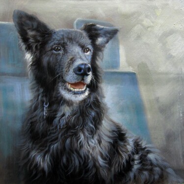 Painting titled "Portrait pet dog 04…" by James Shang, Original Artwork, Oil Mounted on Wood Stretcher frame