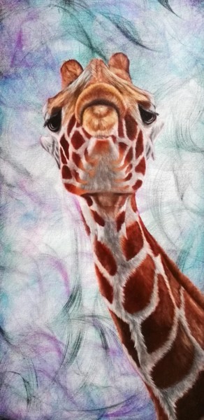 绘画 标题为“La girafe huile sur…” 由Steivan Loundou, 原创艺术品, 油 安装在木质担架架上