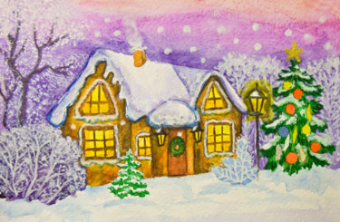 Christmas house Malerei mit dem Titel "Christmas house" von Irina Afonskaya, Original-Kunstwerk, Aquarell