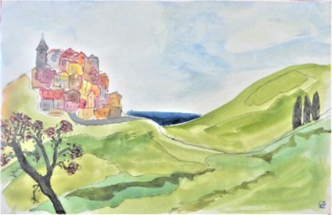 Peinture intitulée "village sur la coll…" par Giulia Archer, Œuvre d'art originale, Aquarelle