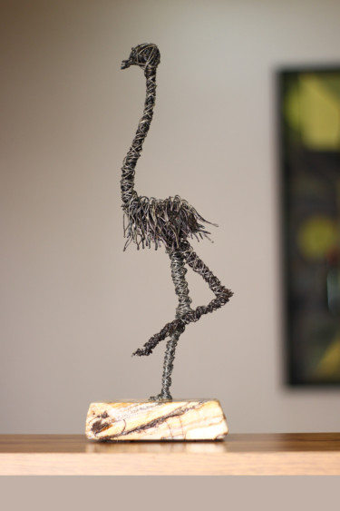 Suspense (35x13x8 1.1kg iron, travertine) Sculpture intitulée "Suspense (35x13x8 1…" par Karen Axikyan, Œuvre d'art originale, Métaux