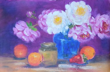 Pink and white peonies with oranges still life oil pain ing Malerei mit dem Titel "Pink and white peon…" von Atalia, Original-Kunstwerk, Öl