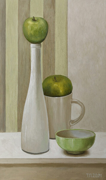 Two green apples Peinture intitulée "Two green apples" par Tatiana Popova, Œuvre d'art originale, Huile Monté sur Châssis en bois