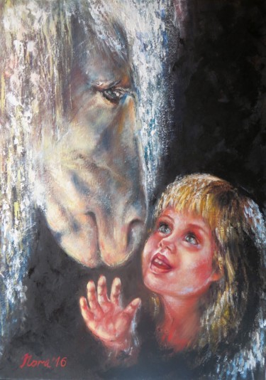 Horse and Little Girl original oil painting 绘画 标题为“Horse and Little Gi…” 由Eleonora Taranova, 原创艺术品, 油 安装在木质担架架上