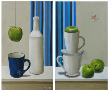Ζωγραφική με τίτλο "Diptych with green…" από Tatiana Popova, Αυθεντικά έργα τέχνης, Λάδι Τοποθετήθηκε στο Ξύλινο φορείο σκελ…