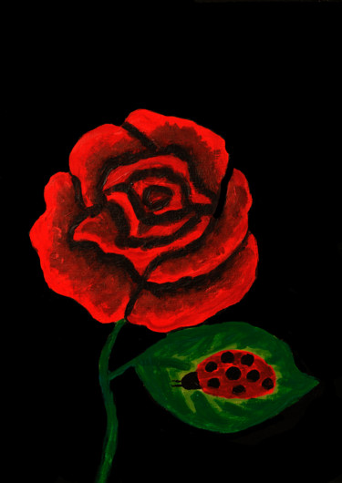 Ζωγραφική με τίτλο "Red rose with ladyb…" από Irina Afonskaya, Αυθεντικά έργα τέχνης, Λάδι