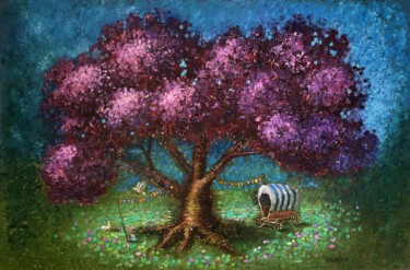 ''Romantic tryst under a tree'' Painting titled "''Romantic tryst u…" by Natalie Aleksejeva (NatalieVerve), Original Artwork, Oil Mounted on Wood Stretcher…