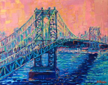 Manhattan Bridge at Sunset, Original Palette Knife Cityscape 제목이 "Manhattan Bridge at…"인 미술작품 Adriana Dziuba로, 원작, 아크릴