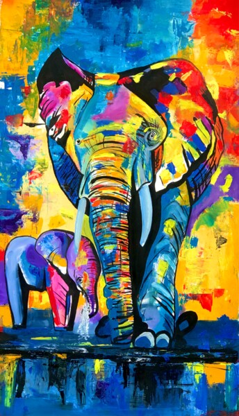 Peinture intitulée "Elephant Safari by…" par Sharmene Yousuf (Meneartiste), Œuvre d'art originale, Huile