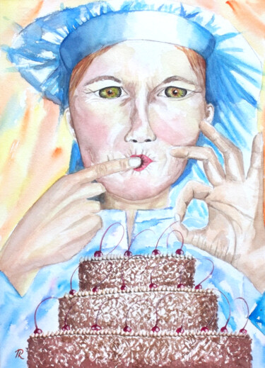 Aquarelle originale et unique, intitulée: Chef Pâtissière Peinture intitulée "Aquarelle originale…" par Isabelle Redonnet, Œuvre d'art originale, Aquarelle