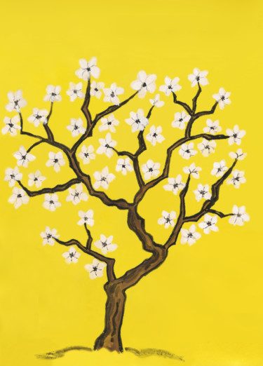 White tree on yellow background Painting titled "White tree on yello…" by Irina Afonskaya, Original Artwork, Watercolor