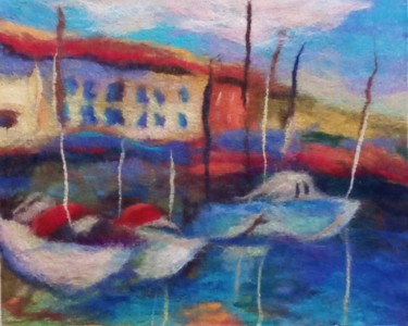Текстильное искусство под названием "Boats at the pier" - Elena Potapova, Подлинное произведение искусства, Ткань