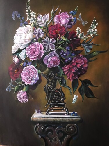 Vivid Bouquet Flowers Oil Painting Canvas Wall Art Asters Pintura intitulada "Vivid Bouquet Flowe…" por Marina Gavrilova, Obras de arte originais, Óleo