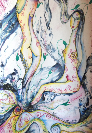 Schilderij getiteld "Irises" door Iryna Tatur, Origineel Kunstwerk, Inkt