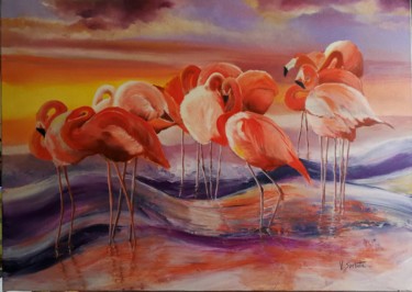 Peinture intitulée "flamants roses" par Valerie Sorbets, Œuvre d'art originale, Huile