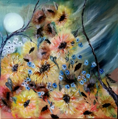 「Sunflowers And Moon」というタイトルの描画 Mansoureh Ashrafiによって, オリジナルのアートワーク, オイル ウッドパネルにマウント