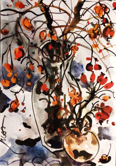 Naturamorta con rametti di rosa canina Peinture intitulée "Naturamorta con ram…" par Olga Polichtchouk, Œuvre d'art originale, Aquarelle