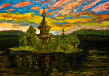 Landscape with wooden church on island, Russia 「Landscape with wood…」というタイトルの絵画 Irina Afonskayaによって, オリジナルのアートワーク, オイル